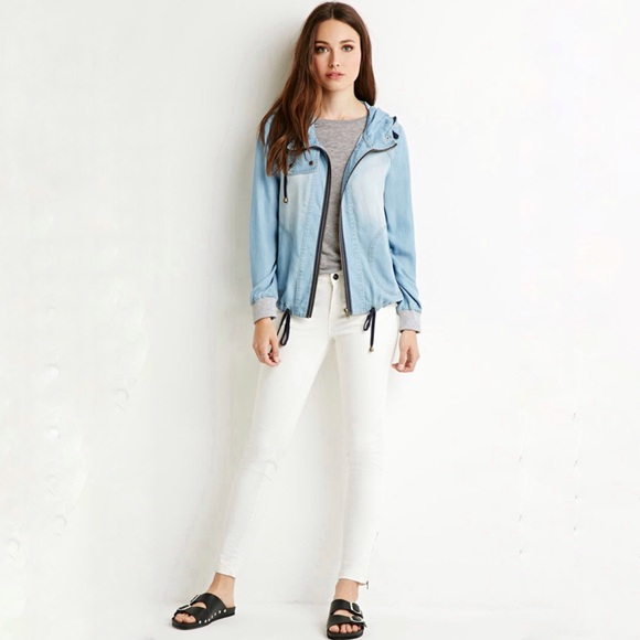 Forever 21 Life Progress Chambray Hooded Jacket S - Picture 14 of 14
